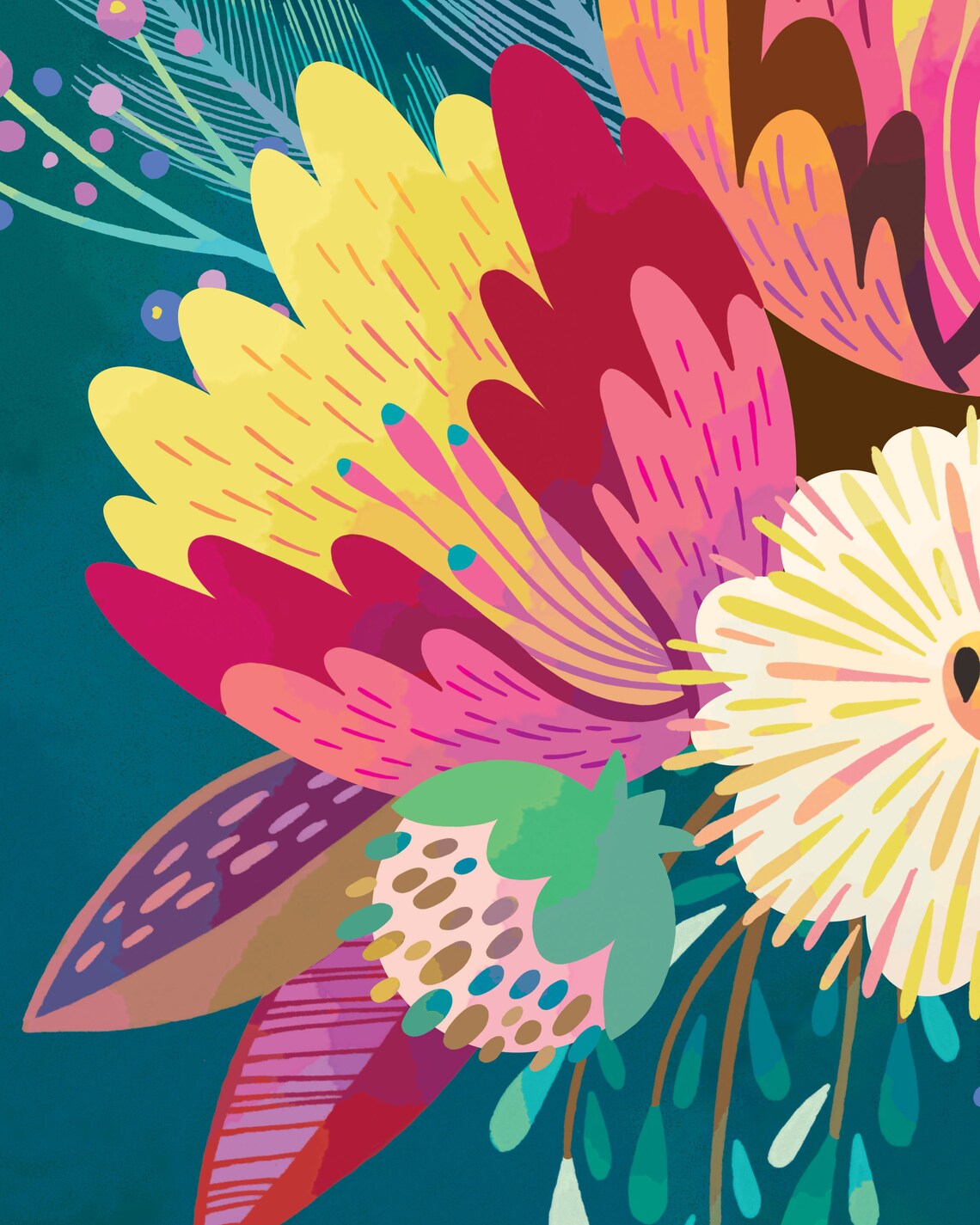 Teal Flower Art Print, Colorful Maximalist Floral - Image 2