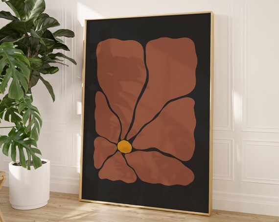 Retro Autumn Flower Illustration Large Copper Bloom Black Poster