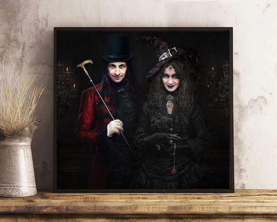 Dark Gothic Halloween Couple Portrait Red Coat Witch Victorian Poster