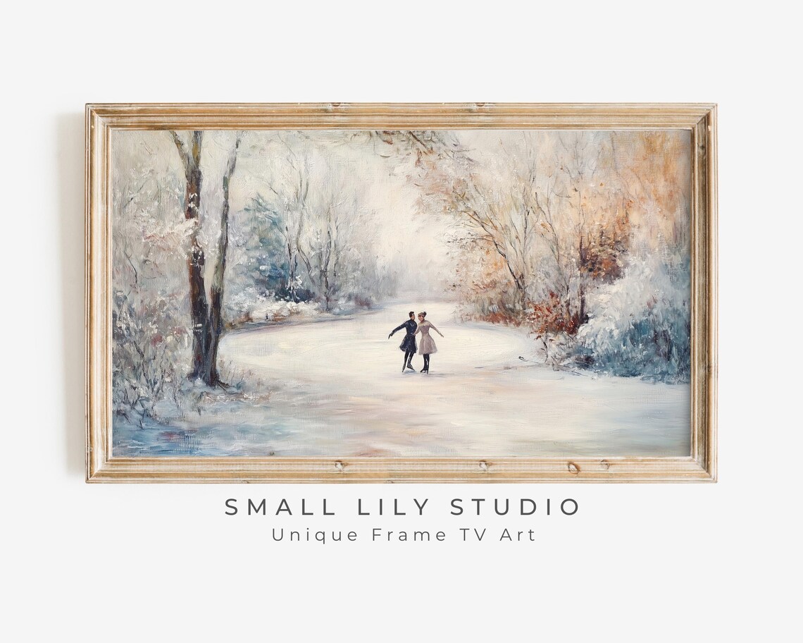 Vintage Ice Skaters Frozen Pond Winter Retro Romance Landscape Painting Poster