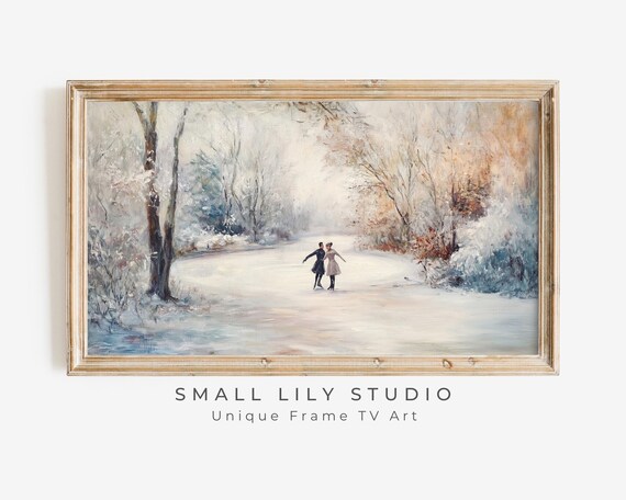 Vintage Ice Skaters Frozen Pond Winter Retro Romance Landscape Painting Poster