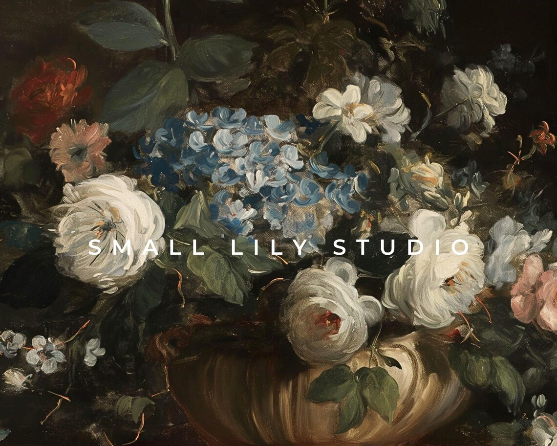 Moody Hydrangea and Rose Bouquet Dark Vintage Still Life Art Poster - Image 4