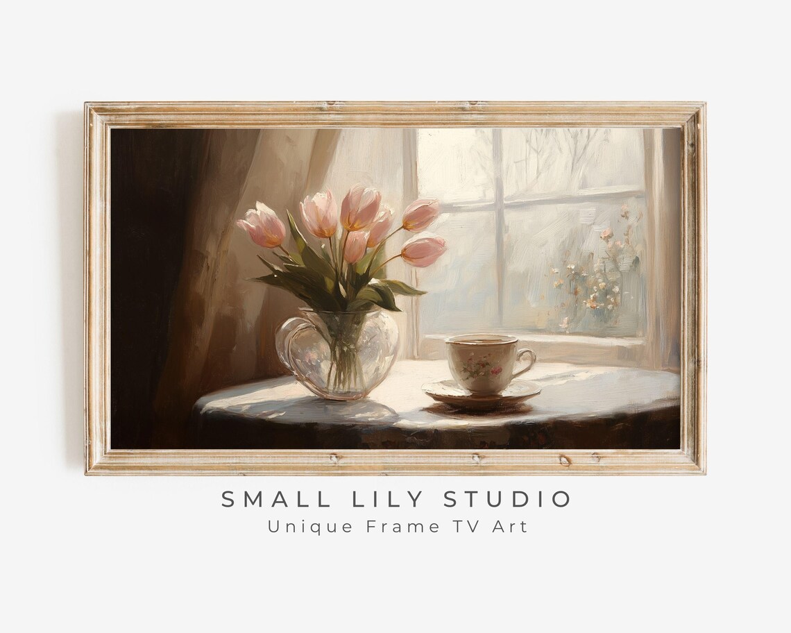 Spring Frame TV Art, Pink Tulips and Tea