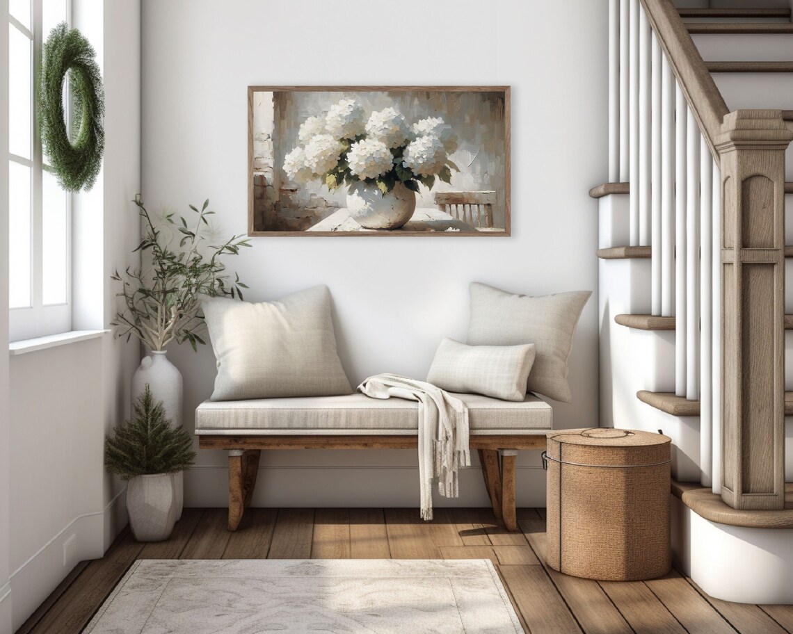 White Hydrangeas Still Life, Rustic Farmhouse Floral Art Print - Image 3