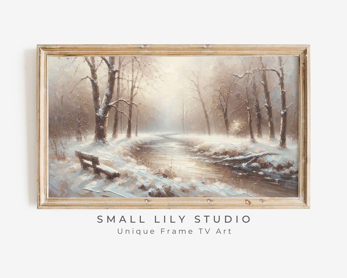 Winter Stream Snowy Forest Bench Warm Light Rustic Vintage Landscape Art Poster