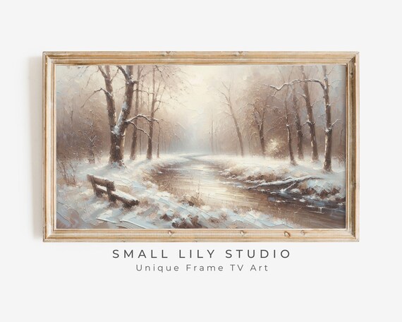 Winter Stream Snowy Forest Bench Warm Light Rustic Vintage Landscape Art Poster