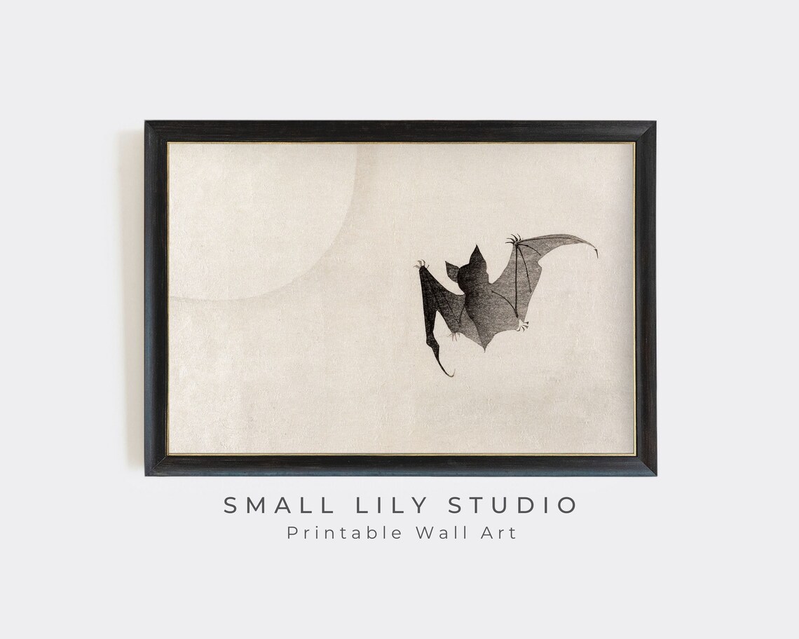 Flying Black Bat Japanese Woodblock Moon Minimalist Halloween Poster - Image 3