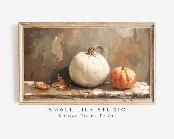 White Pumpkin And Small Orange Pumpkin On Ledge Moody Fall Poster
