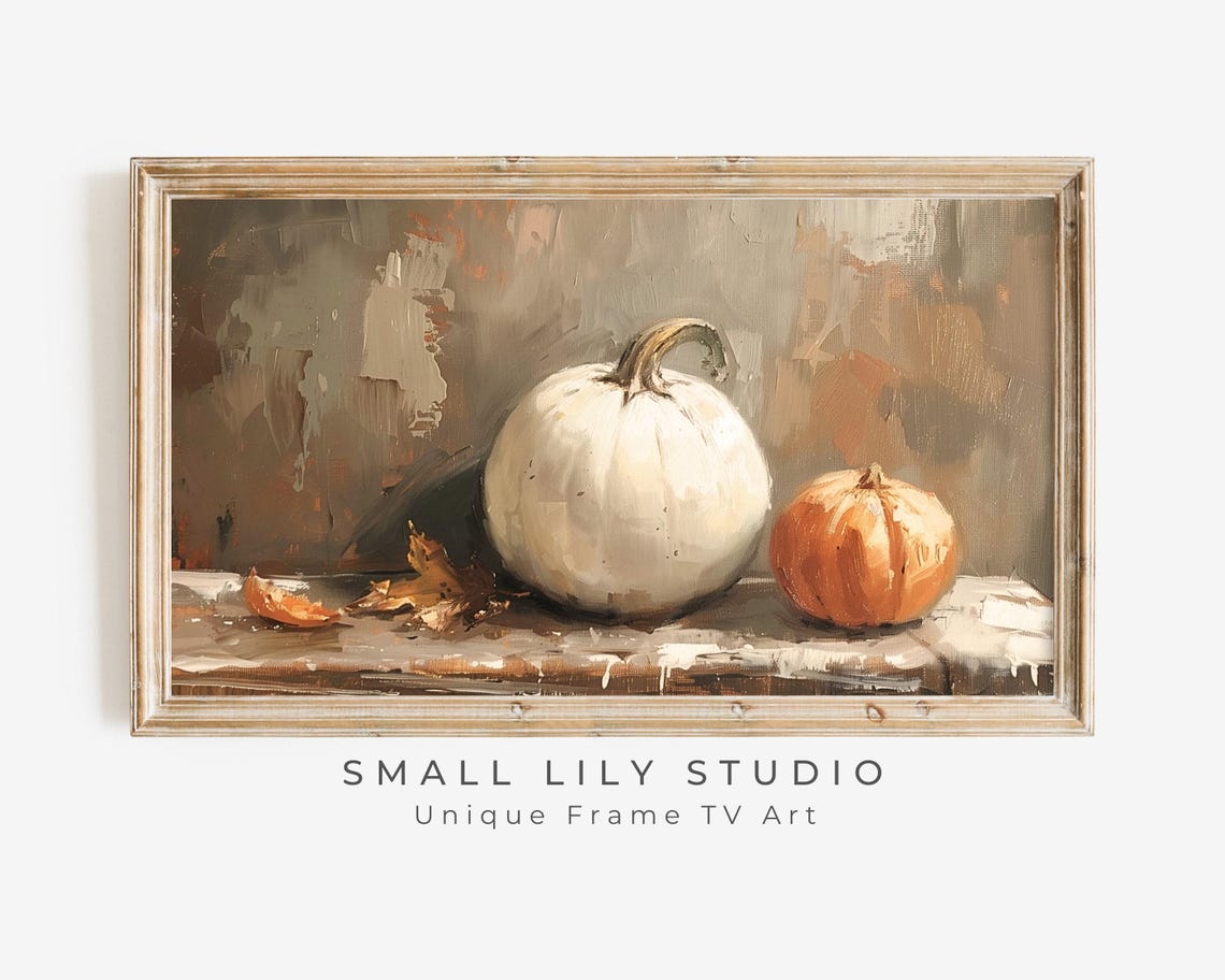 White Pumpkin And Small Orange Pumpkin On Ledge Moody Fall Poster