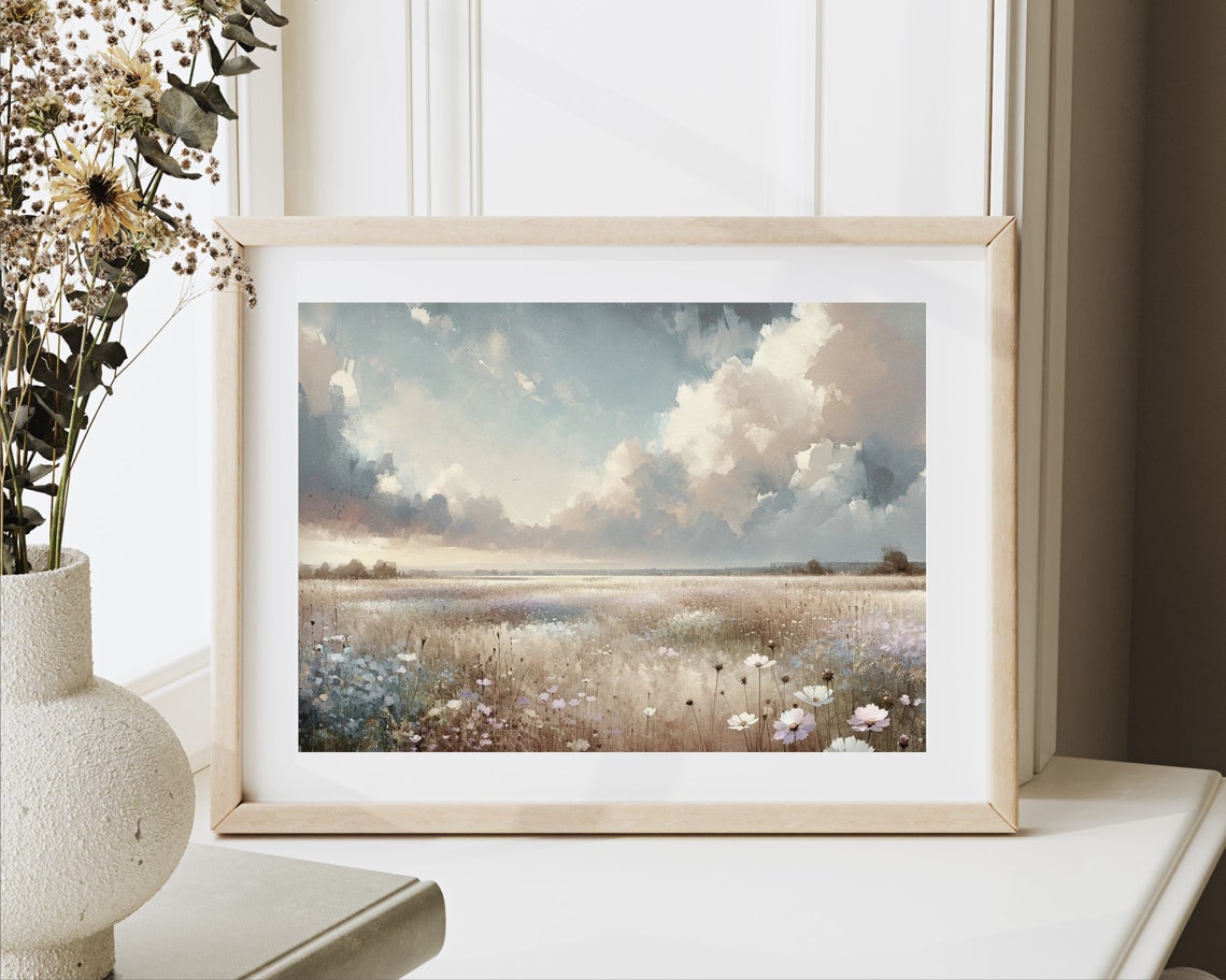 Wildflower Field Under Dramatic Clouds Watercolor Landscape Art Print - Image 2