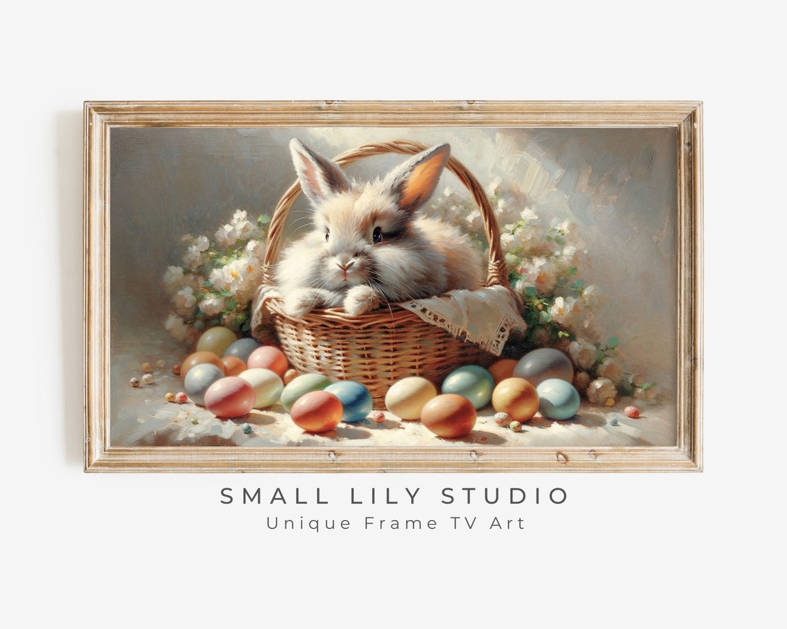 Fluffy Bunny in Wicker Easter Basket Eggs Vintage Spring Art Poster