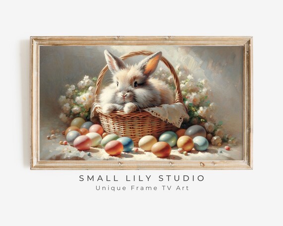 Fluffy Bunny in Wicker Easter Basket Eggs Vintage Spring Art Poster