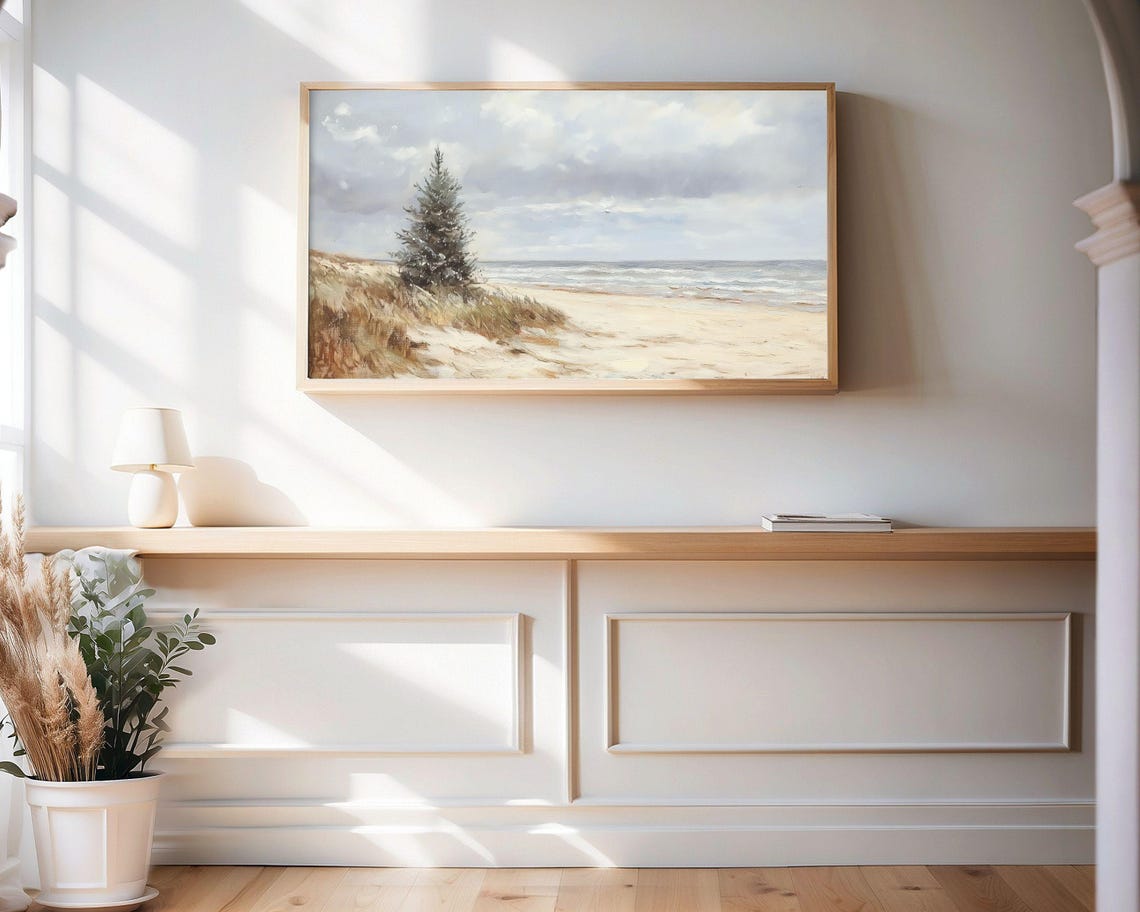 Coastal Pine Tree On Sandy Dunes Vintage Seascape Painting Poster - Image 3