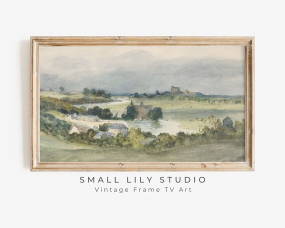 Watercolor Village Valley River And Castle Ruins Vintage Landscape Poster