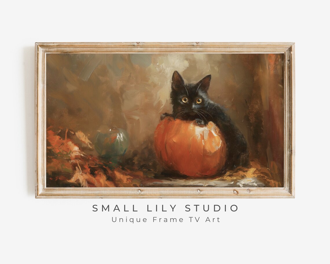 Black Cat Hugging Pumpkin Fall Vintage Halloween Painting Poster