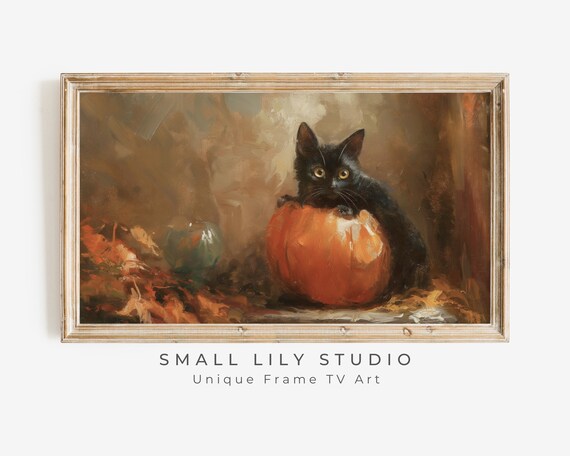 Black Cat Hugging Pumpkin Fall Vintage Halloween Painting Poster