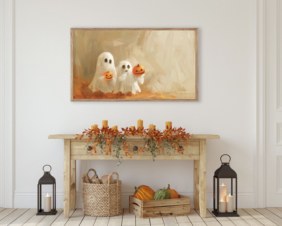 Halloween Cute Ghosts Holding Pumpkins Art Print - Image 3