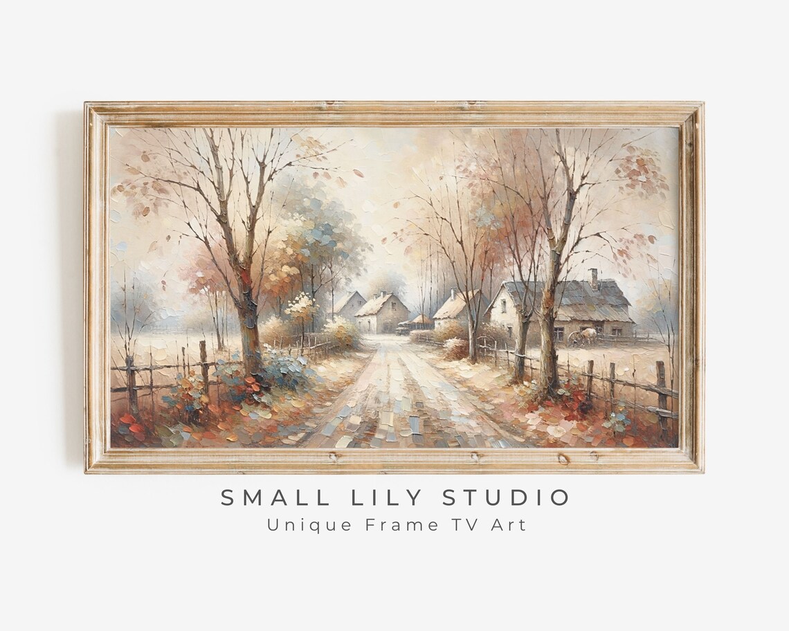 Country Road With Rustic Farmhouses And Autumn Trees Painting Poster