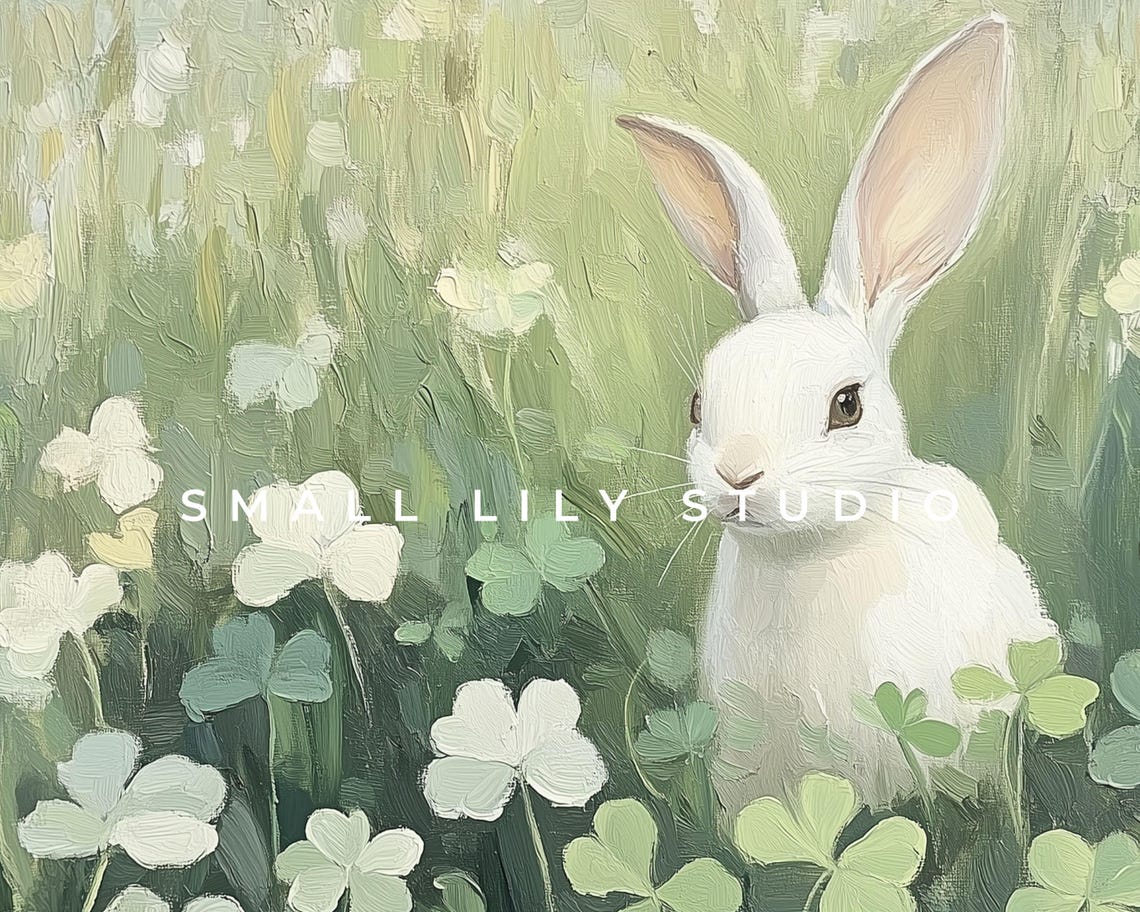 White Rabbit Among Clover Flowers Spring Vintage Animal Poster - Image 4