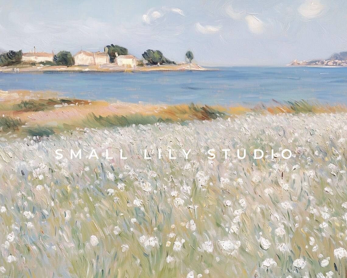 White Wildflower Meadow By The Sea Island Village Painting Poster - Image 4