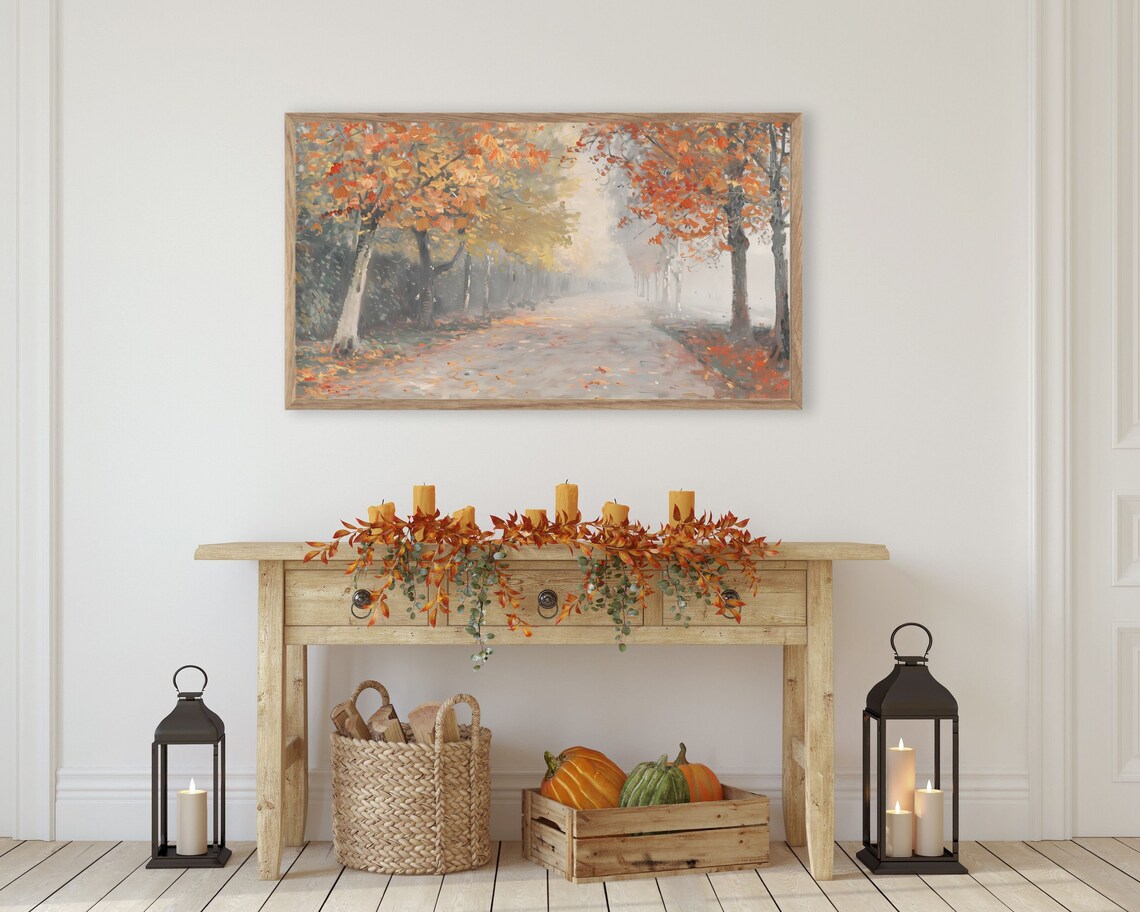 Misty Autumn Road Maple Trees Red Fall Foliage Vintage Painting Poster - Image 3