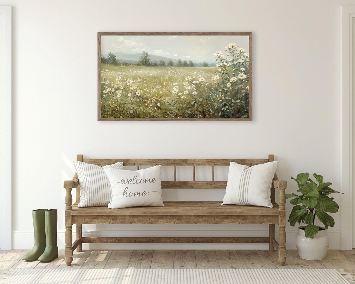 White Daisy Field Country Landscape Vintage Farmhouse Poster - Image 2