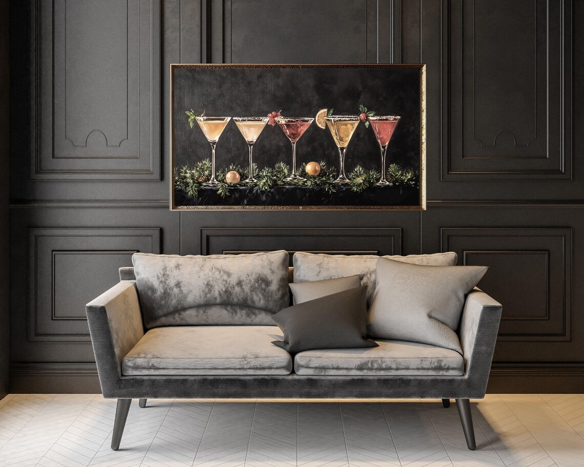 Colorful Holiday Cocktail Glasses With Evergreen Garland New Year Bar Poster - Image 2