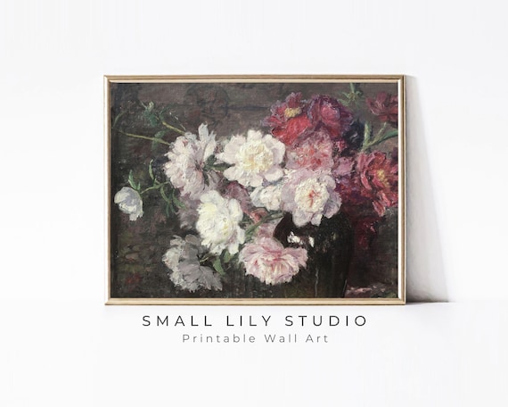 Moody White And Pink Peonies Dark Background Floral Painting Poster