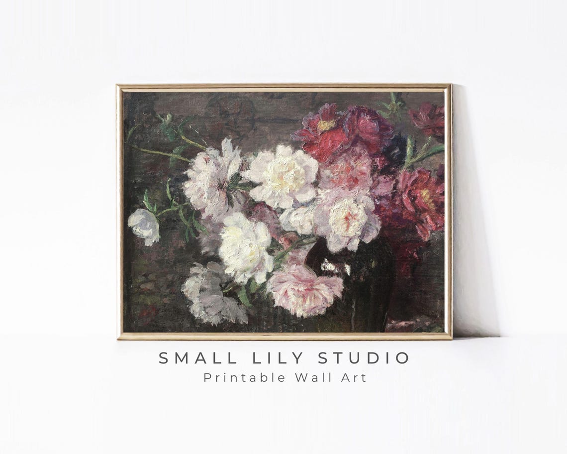 Moody White And Pink Peonies Dark Background Floral Painting Poster