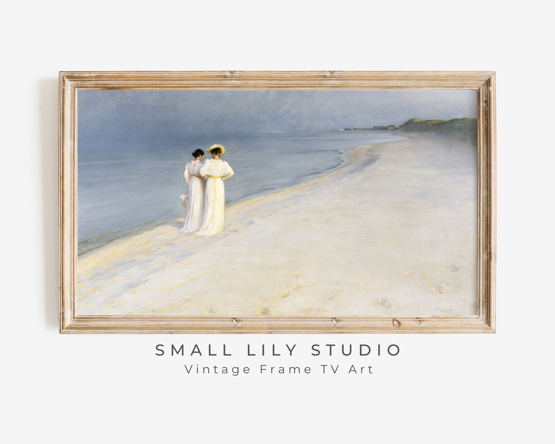Two Women White Dresses Beach Dusk Vintage Painting Wall Art Poster