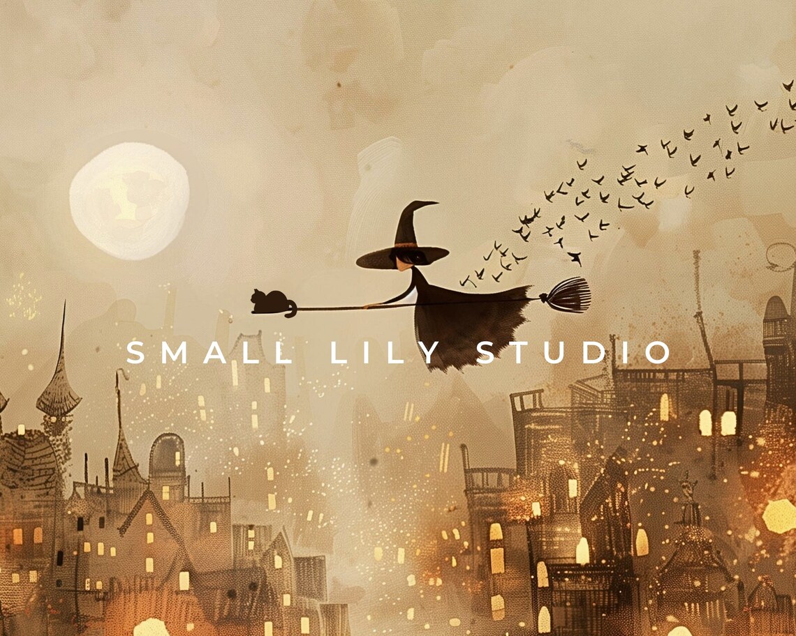 Witch and Black Cat Over Village Halloween Art Print - Image 4