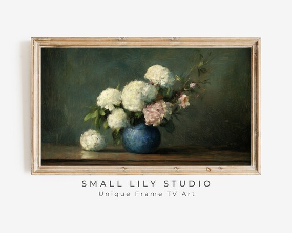 Frame Tv Art Hydrangeas In Blue Vase Frame Tv Art Vintage Style Flower Still Life Painting Dark Green Moody Floral Artwork Tv620