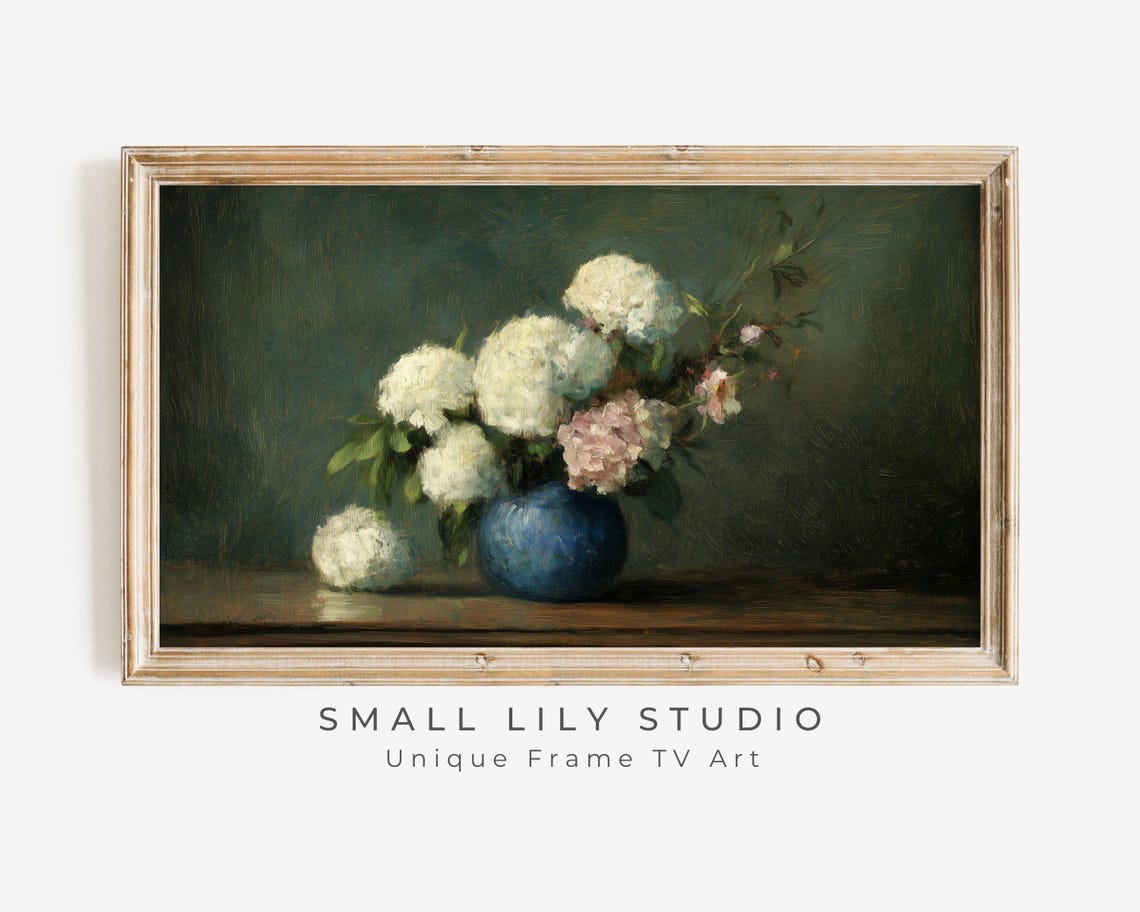 White Hydrangeas In Blue Vase Moody Dark Vintage Floral Poster