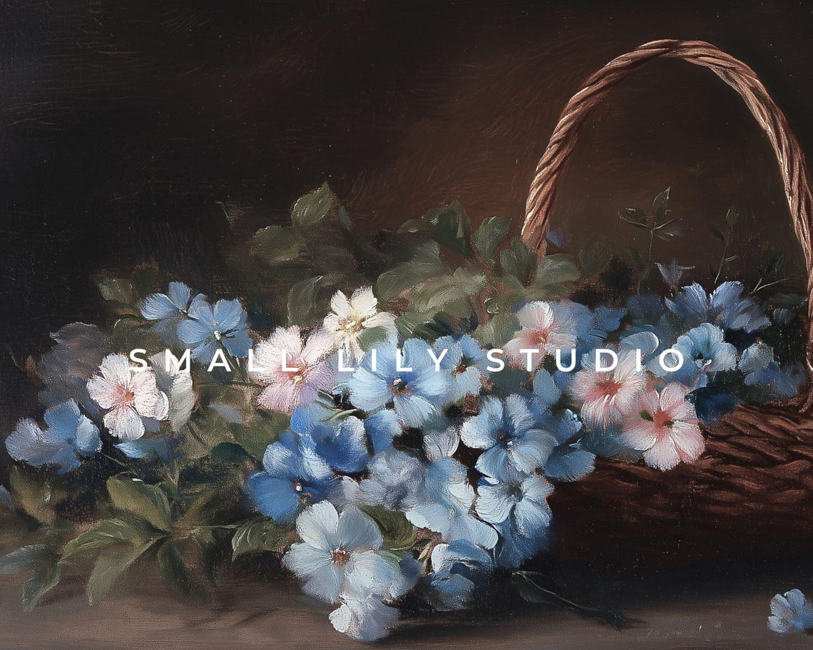 Frame Tv Art Moody Blue Floral Basket Vintage Style Still Life Flowers Painting Frame Tv Art Botanical Farmhouse Artwork Tv605 - Image 4