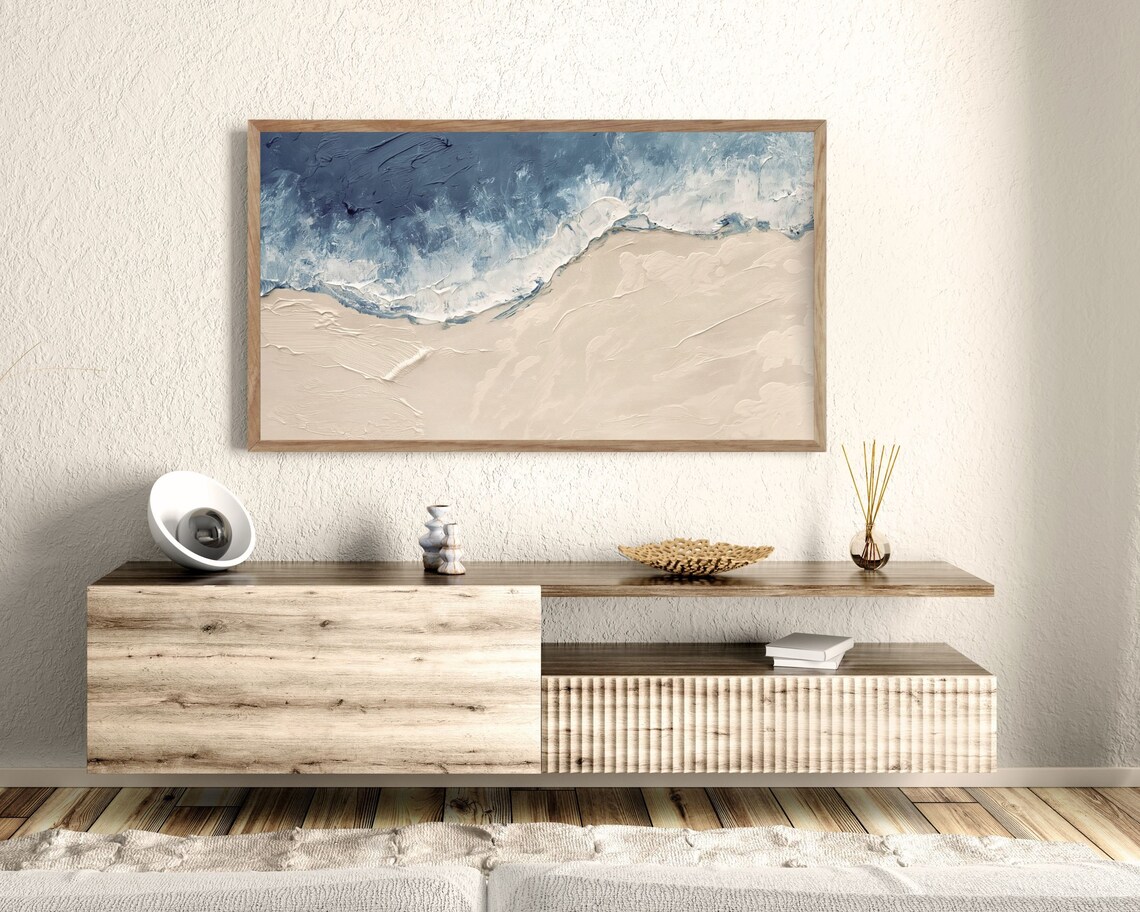 Navy Blue Ocean Waves Meeting Beige Sand Abstract Coastal Art Print - Image 3