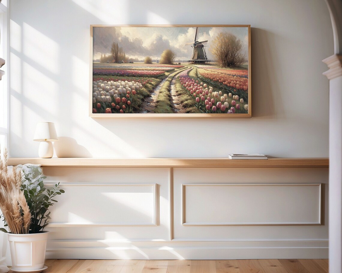 Tulip Landscape With Dutch Windmill, Vintage Art Print - Image 3