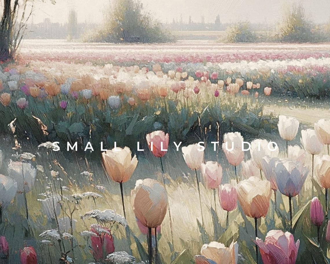 Tulip Landscape Print Spring Floral Print Field Of Flowers Vintage Style Painting Pink Floral Print Girls Room Nursery P086 - Image 4