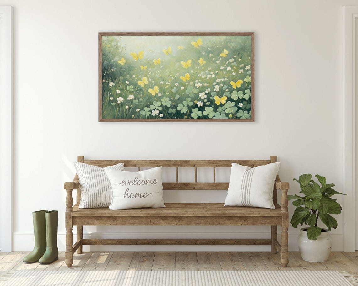 Yellow Butterflies Over Green Clover Meadow Spring Painting Poster - Image 3