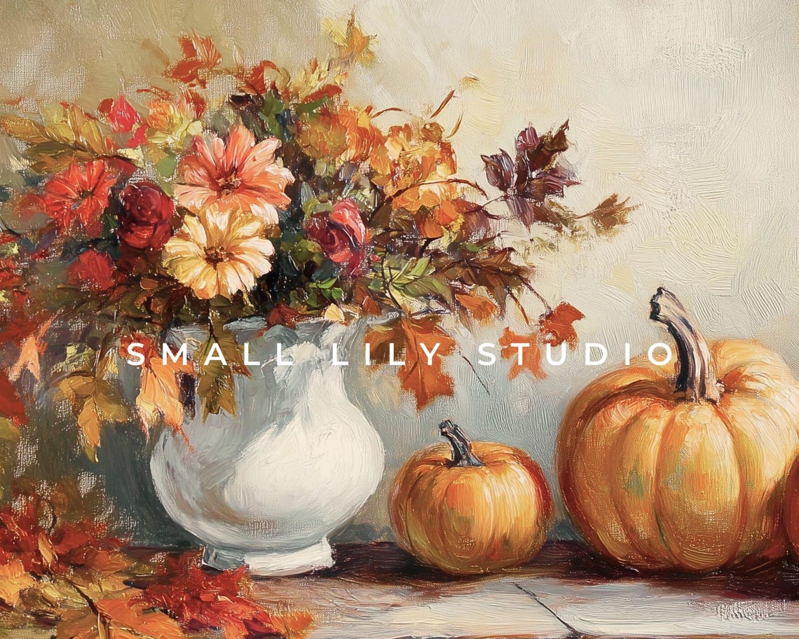 Fall Florals In White Pitcher With Pumpkins Still Life Painting Poster - Image 4