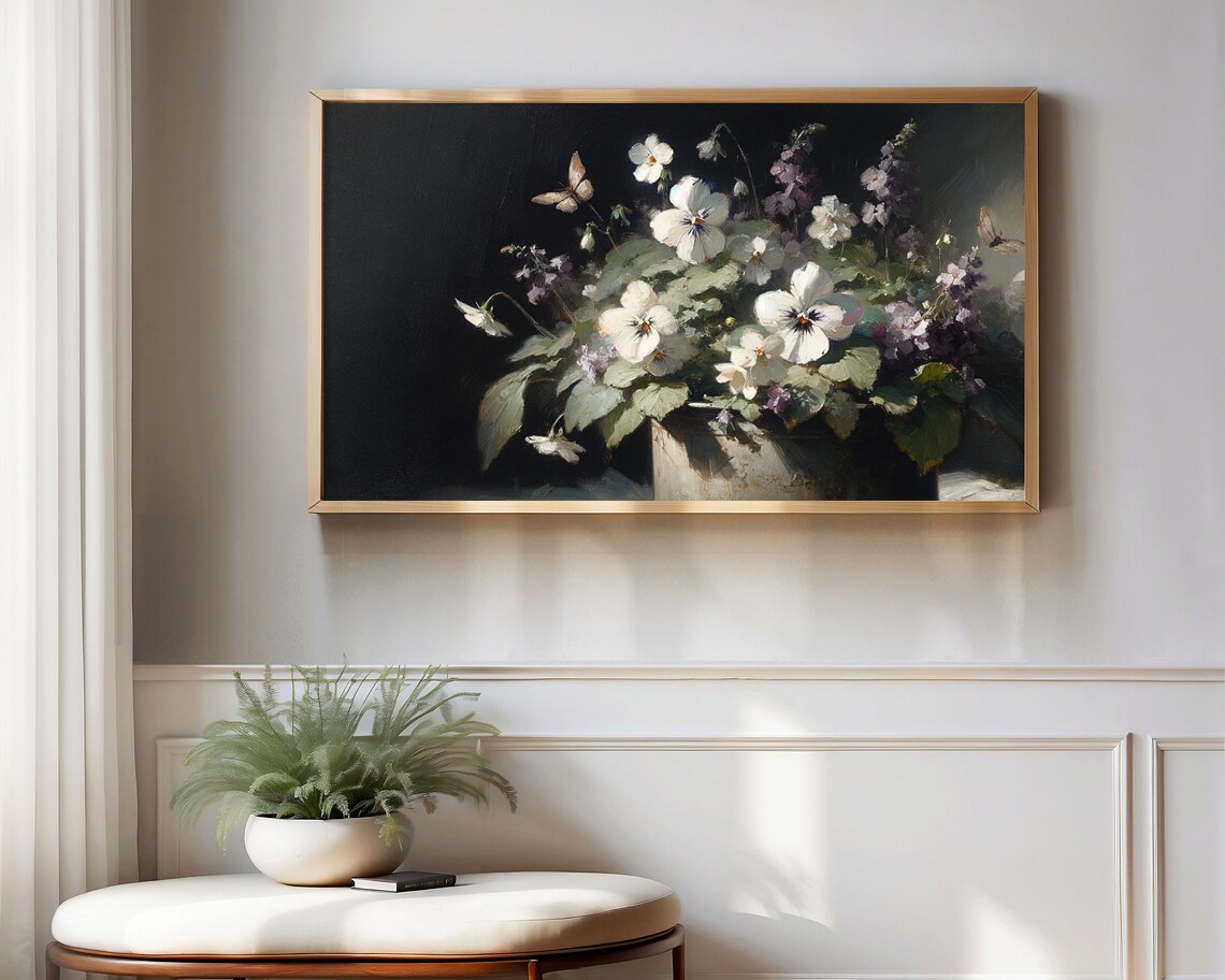 White Pansies and Violets Moody Dark Floral Vintage Painting Poster - Image 3