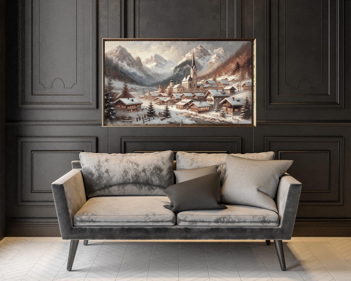 Frame Tv Art Bavarian Christmas Village Frame Tv Art Vintage Style Winter Painting Neutral Snowy Mountain Landscape Tv Art Tv474 - Image 2