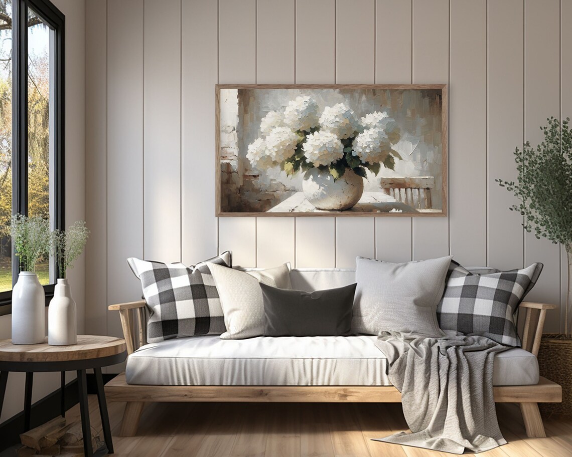White Hydrangeas Still Life, Rustic Farmhouse Floral Art Print - Image 2
