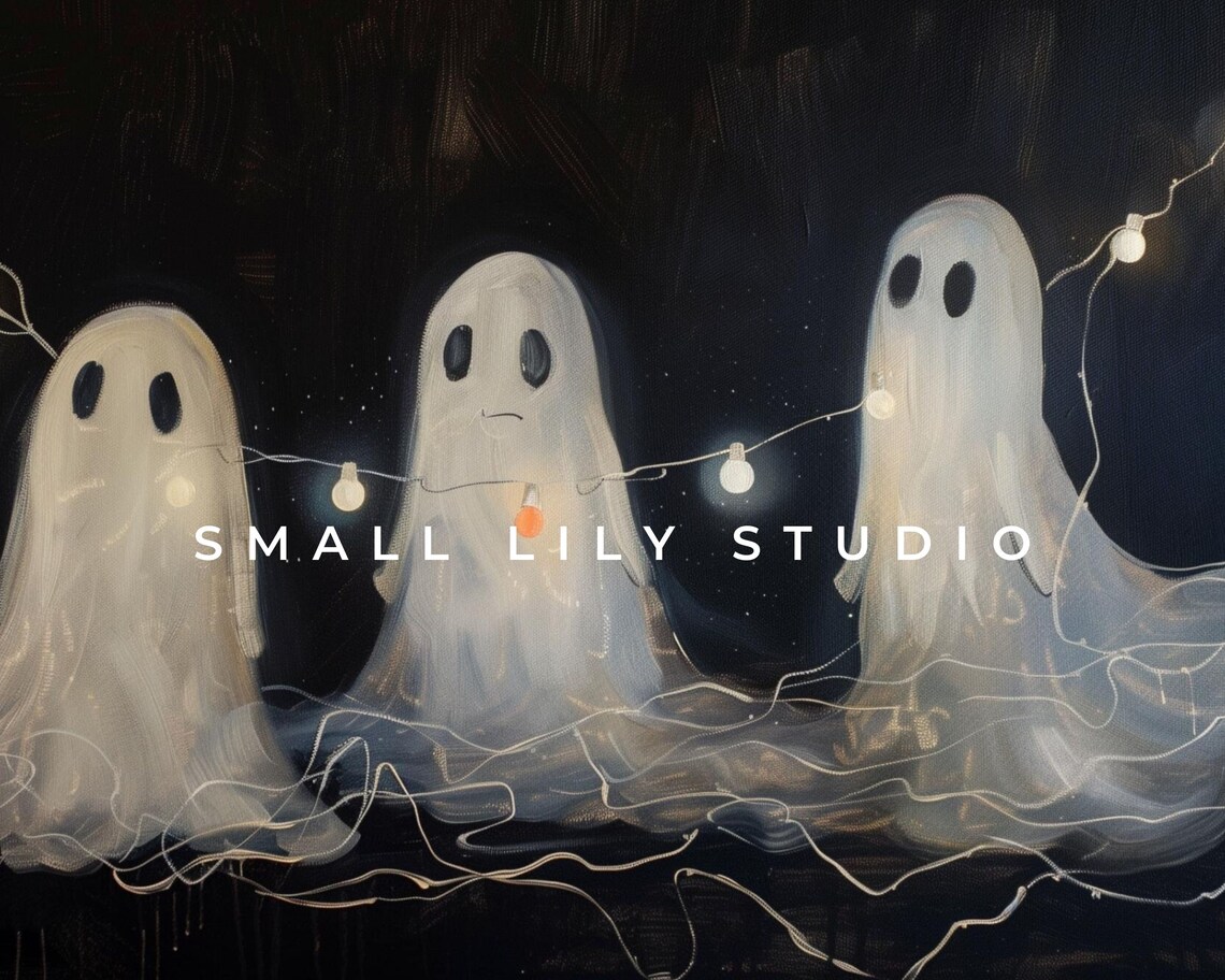 Sad Ghosts Party String Lights Dark Background Halloween Painting Poster - Image 4