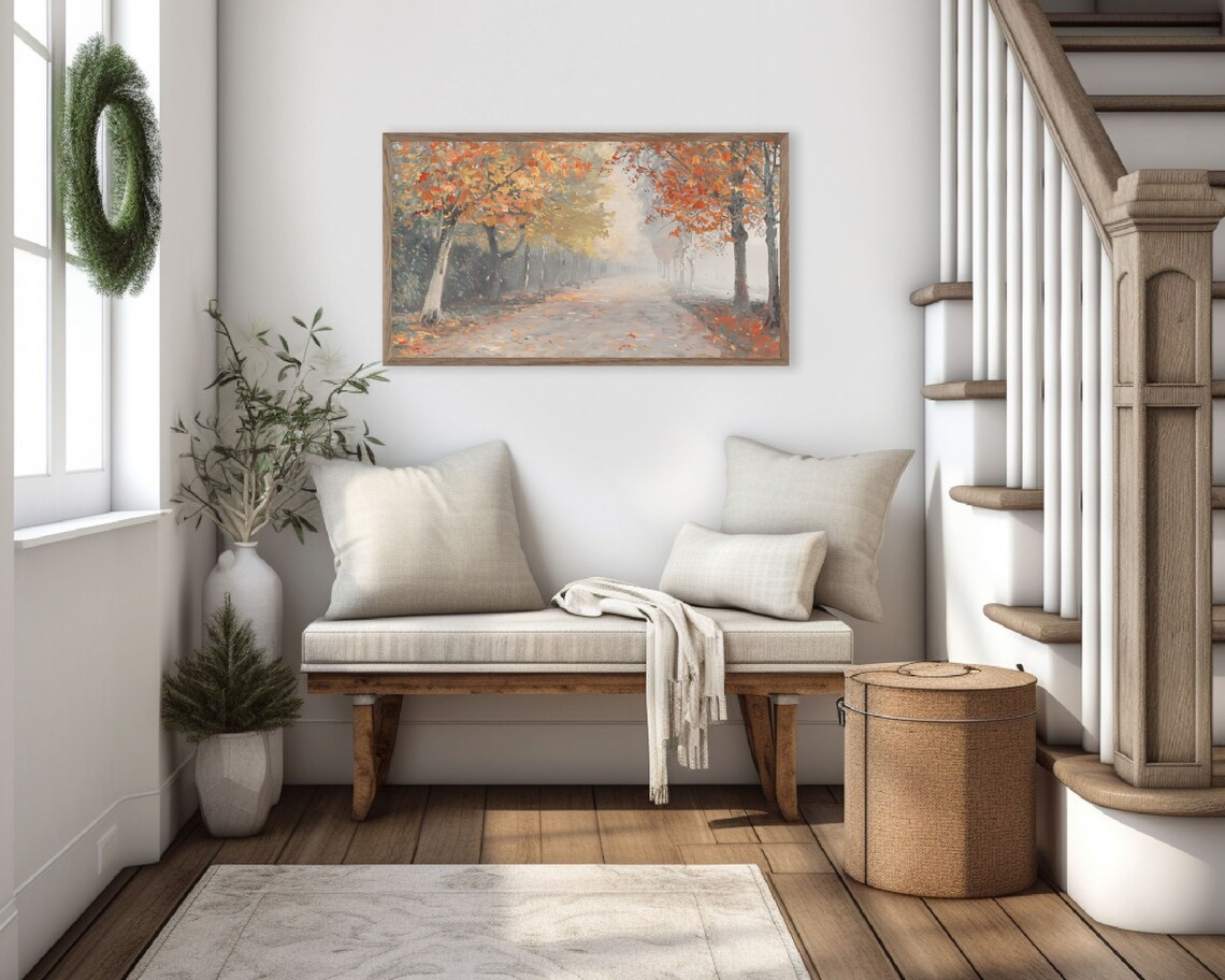 Misty Autumn Road Maple Trees Red Fall Foliage Vintage Painting Poster - Image 2