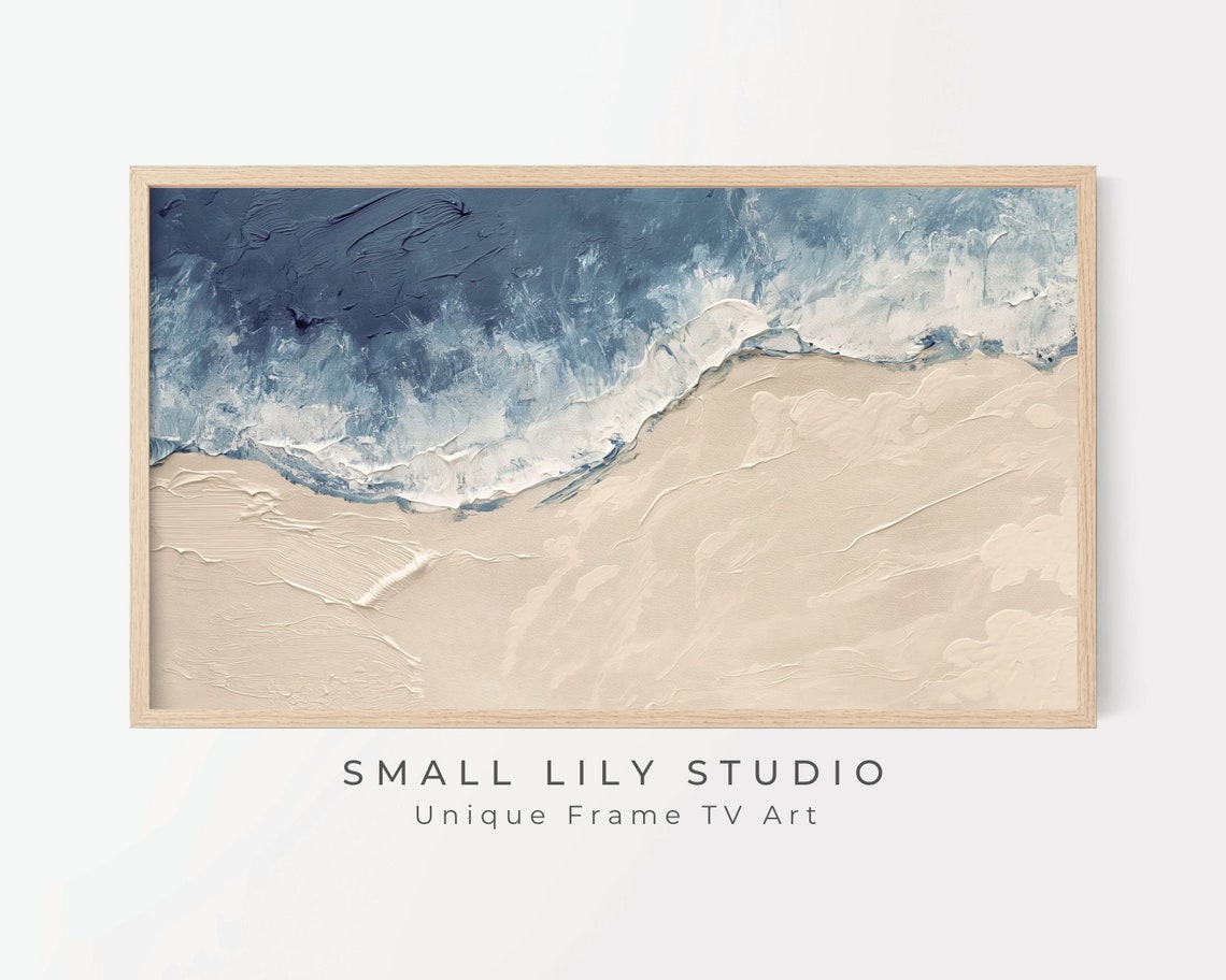 Navy Blue Ocean Waves Meeting Beige Sand Abstract Coastal Art Print - Image 2