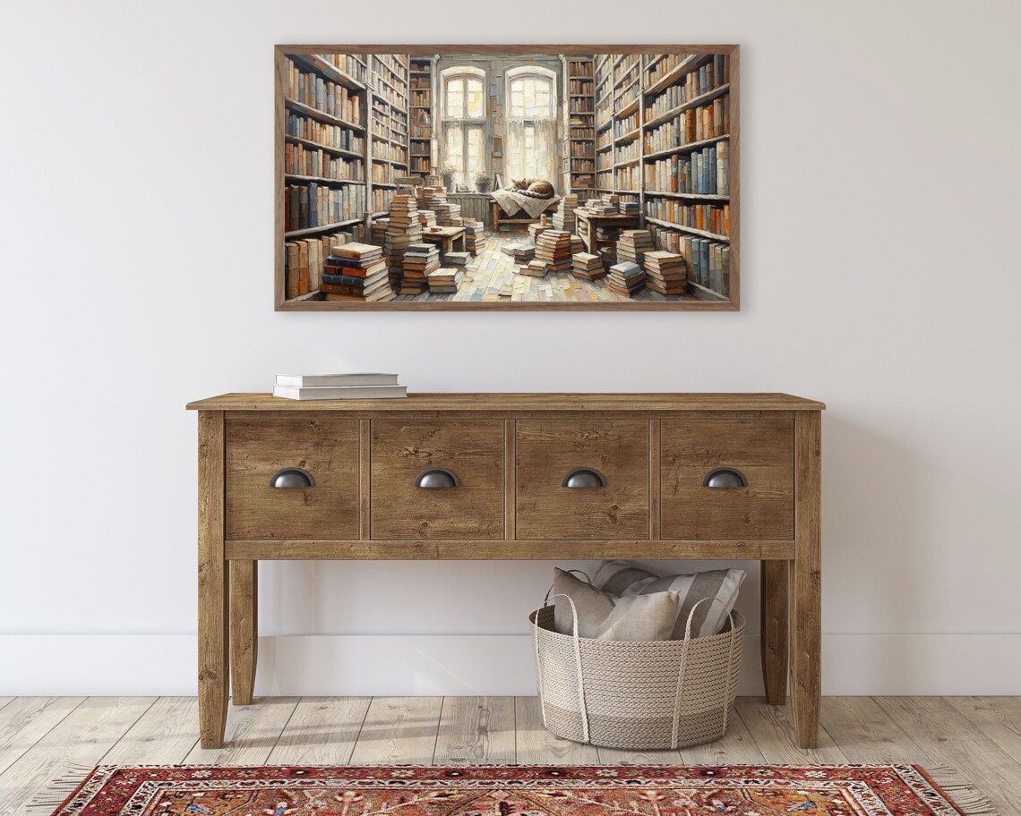 Cat Sleeping In Library, Vintage TV Artwork - Image 3