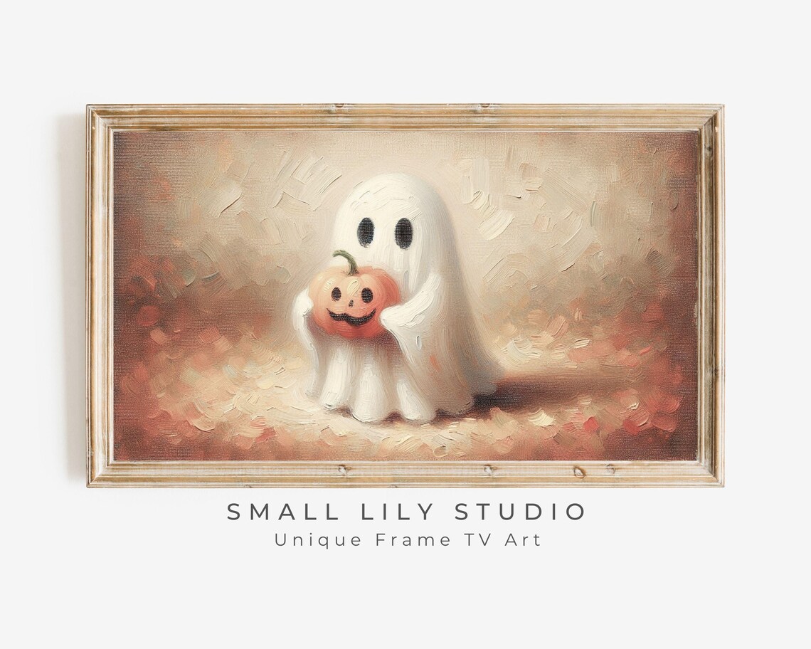 Neutral Halloween Ghost With Pumpkin Art Print