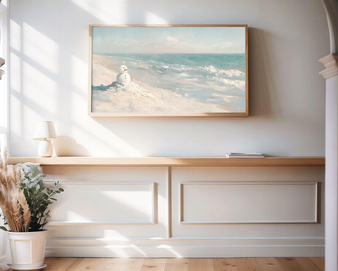 Snowman On Beach Coastal Christmas Art Print - Image 3