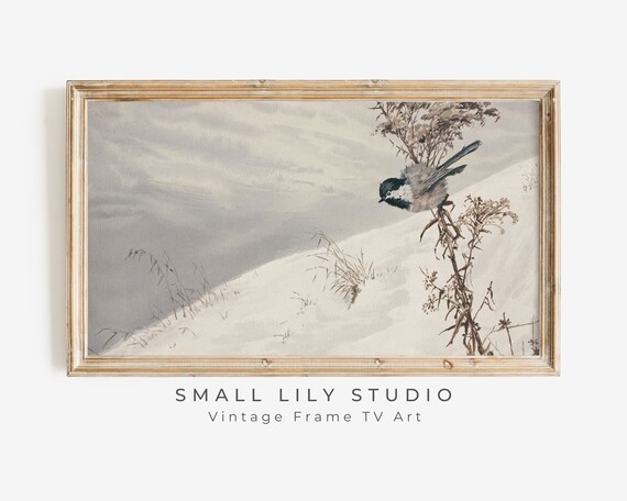 Little Bird On Snowy Branch Winter Snow Landscape Neutral Vintage Art Poster
