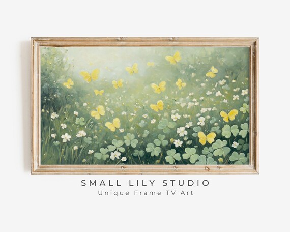 Yellow Butterflies Over Green Clover Meadow Spring Painting Poster